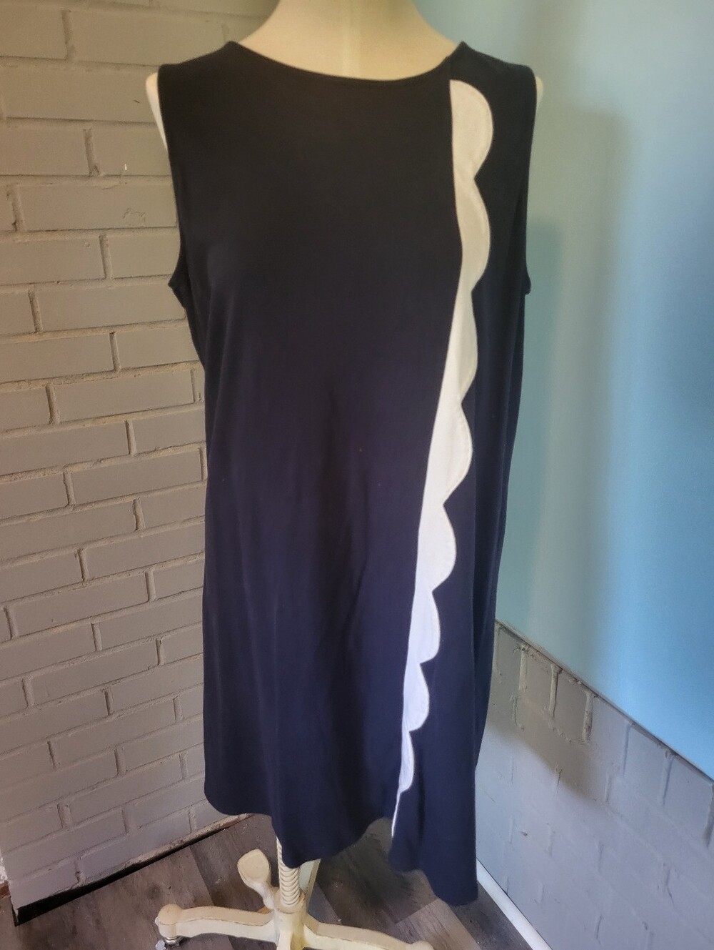 Duffield Lane Navy Shift Dress with White Scallop Trim
